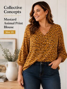 Collective Concepts Mustard Animal Print Blouse - 1X - NWOT